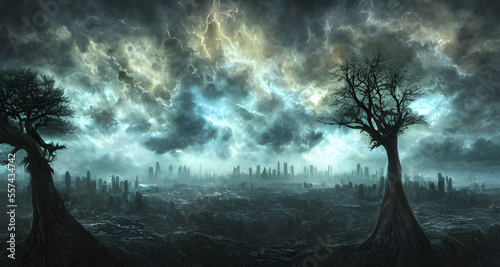 AI Digital Illustration Post Apocalyptic Cityscape And Nature