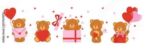 Plush bear with pink and red balloons and presents. Vector illustration
