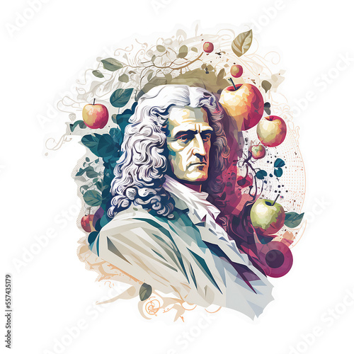 Isaac Newton and apples, modern minimalist portrait