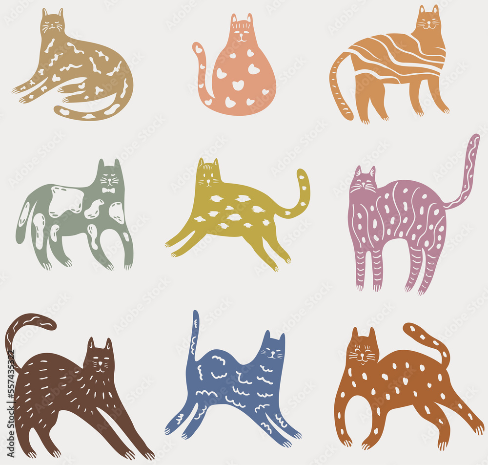Fototapeta premium Doodle cats. Illustration flat color animals. Abstract kitty in different poses set.