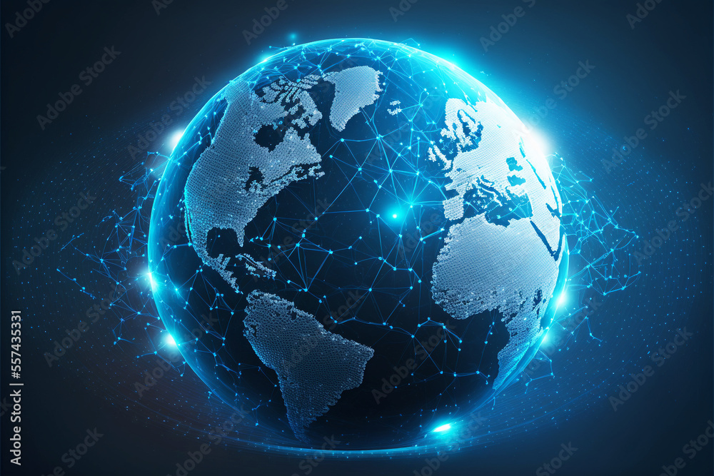 Fototapeta premium Global Social Network Illustration, Blue Futuristic Background Planet Earth, Internet Connection, Generative AI