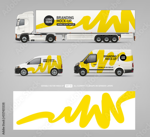 Canvas Print Realistic vector Van, Truck  mockup with branding and corporate identity decal