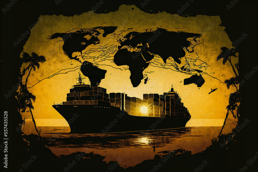 A container ship with dark outlines on a world map background with