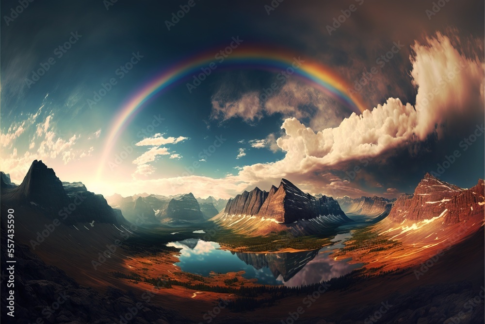 a rainbow is in the sky over a mountain range and a lake with a rainbow in the middle of it.