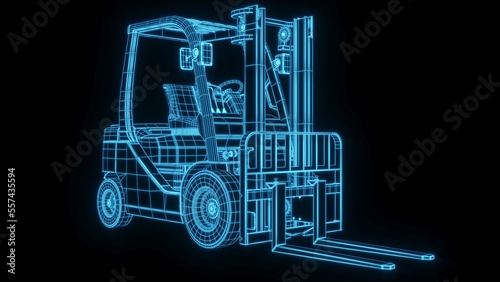 3D rendering illustration forklift truck blueprint glowing neon hologram futuristic show technology security for premium product business finance 
