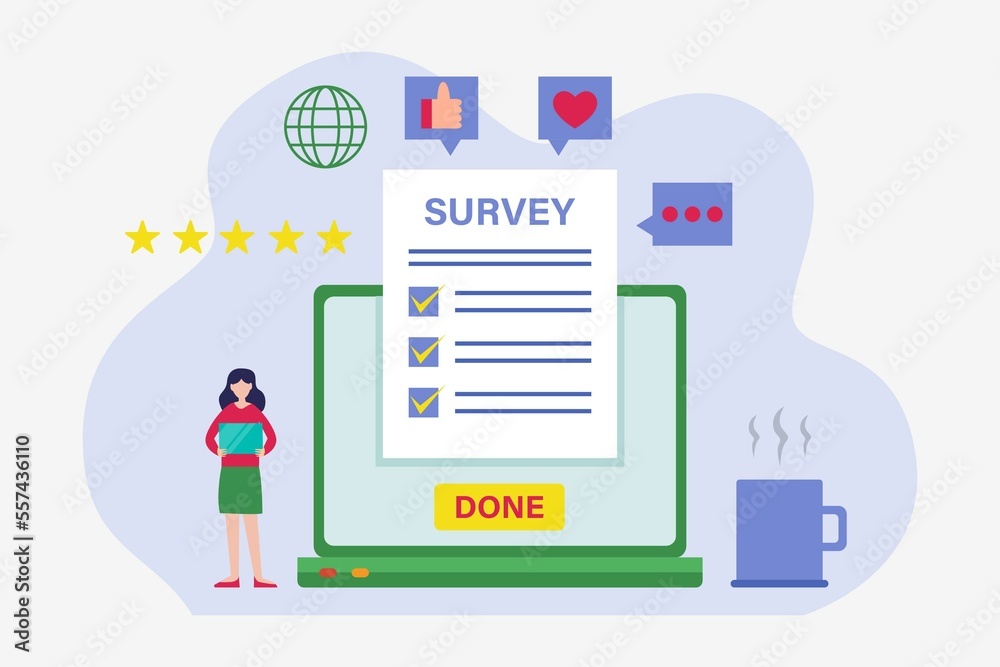 Survey vector concept. Young woman using a laptop while completing survey form Survey vector concept. Young woman using a laptop while completing survey form