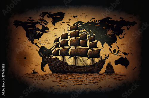 Timeless antique frame with a splendid silhouette of a ship from the age of exploration, set against the background of a vintage map in contrasting golden tones of an ocean sunset.