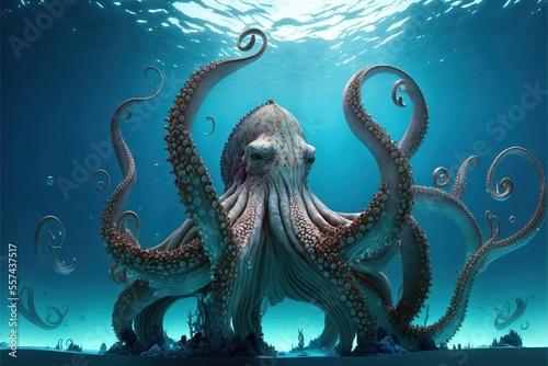  an octopus is swimming in the ocean with its tentacles stretched out to the side of it's body. Generative AI © Oleg