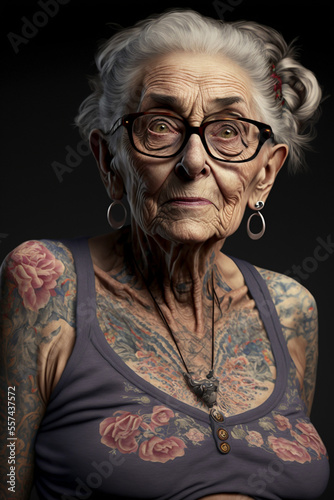 Concept of beautiful old woman with tattoos. Young hip elderly female of the future with peircings photo
