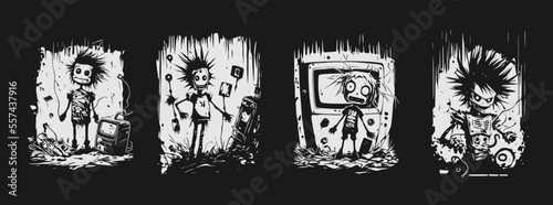 Futuristic robot cyberpunk black and white illustration