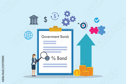 Government bonds vector concept. Businesswoman using a magnifier to looking at government bonds form