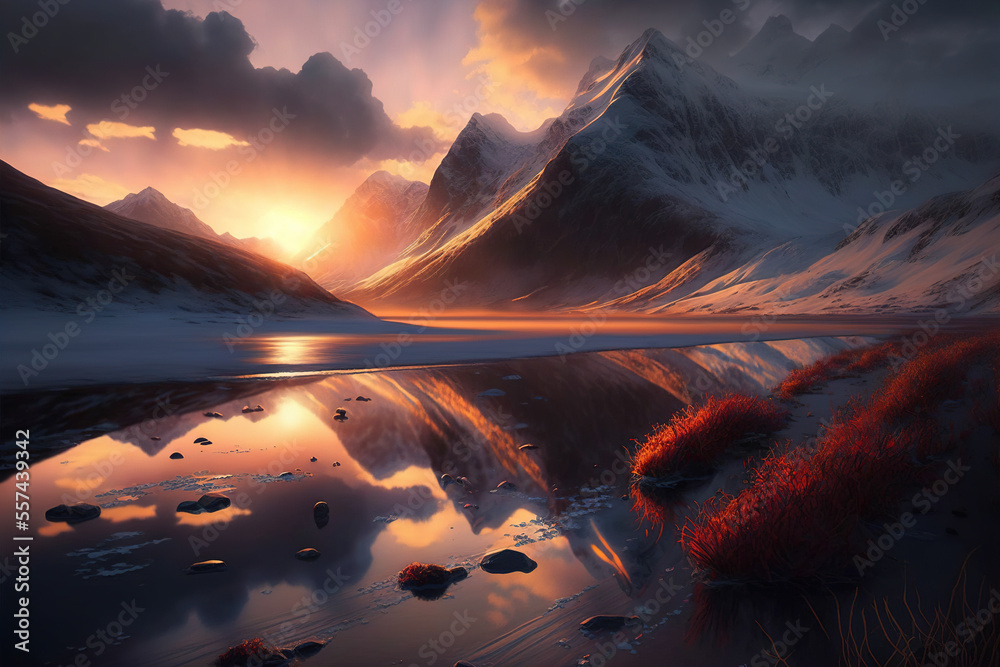 Epic winter mountains landscape at sunset. AI	