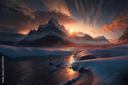 Epic winter mountains landscape at sunset. AI 