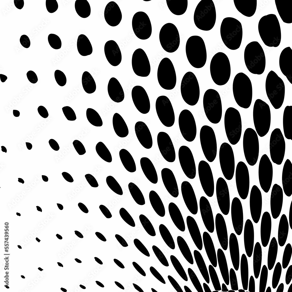 Black and white dots pop art background. Whimsical wavy spotted texture. Polka dots pattern with optical illusion.Raster illustration