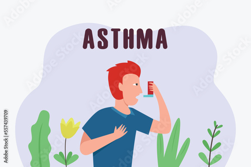 Man with asthma disease using inhaler