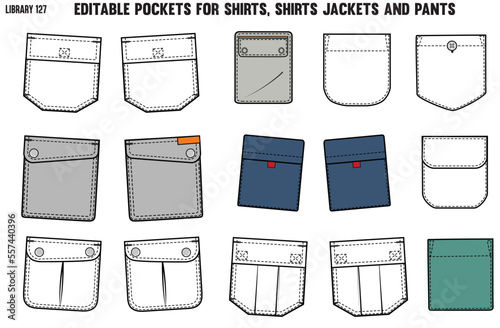 SET OF DIFFERENT TYPES OF POCKET FOR APPAREL AND CLOTHINGS; FOR SHIRTS DENIM JEANS JACKET CARGO PANTS CHINOS, JACKETS AND BLAZERS IN EDITABLE VECTOR
