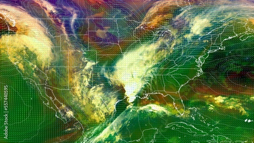 Colorful satellite weather map over North America overlayed with wind arrows. Satellite data provided by EUMETSAT.
