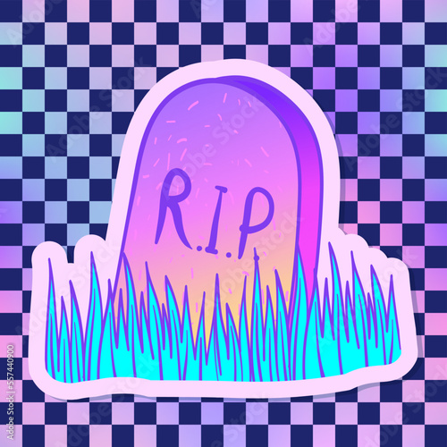 Tombstone. Glamour Halloween background in neon pastel colors. Vector illustration over chequer pattern background. Pin, patch design.