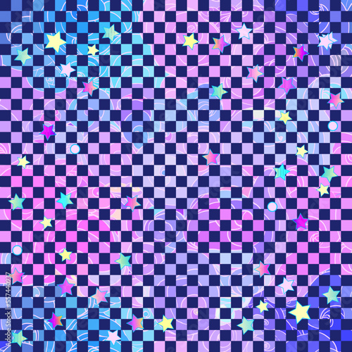 Vector color abstract hand-drawn pattern with waves, clouds and chequer in neon pastel colors. Retro gothic style. Colorful rainbow concept.