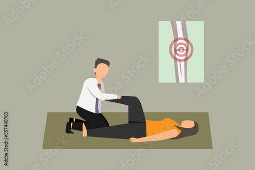Knees pain. Man massage woman leg on the floor