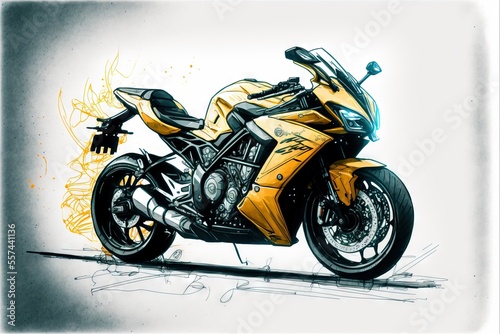 Fotografie a drawing of a yellow motorcycle on a white background with a black outline of the bike and the bike is in the foreground