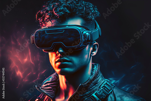 portrait of Man using smart glasses, virtual digital futuristic technology