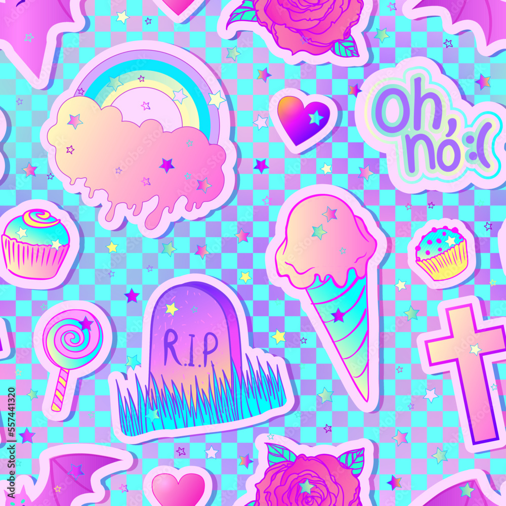 Colorful seamless pattern of candies, sweets, rainbow, cupcake, rose and bat. Vector illustration. Stickers, pins, patches.Halloween pastel chequer. Cute gothic style Colorful seamless pattern of candies, sweets, rainbow, cupcake, rose and bat. Vector illustration. Stickers, pins, patches.Halloween pastel chequer. Cute gothic style