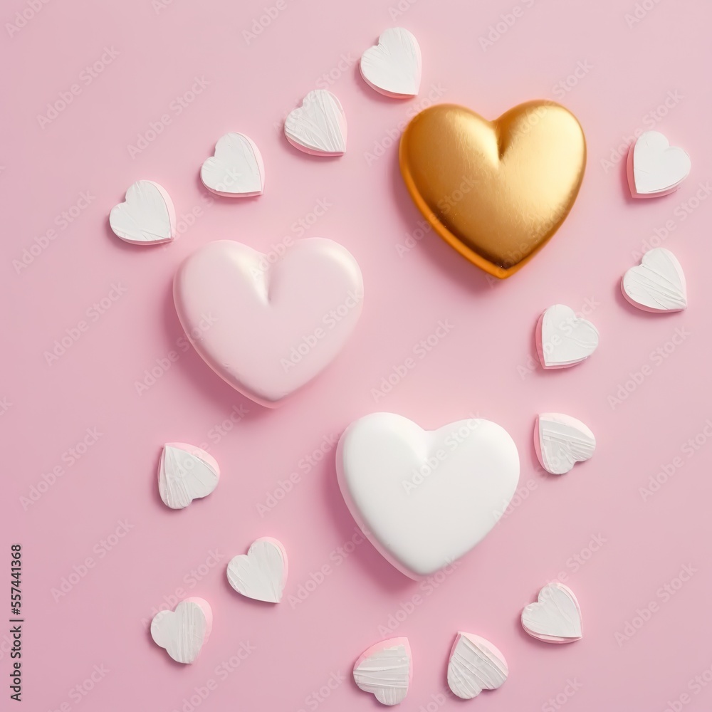 Flat lay out, golden and white hearts on pastel pink background. Love and romance concept. Valentine day card. Generative ai. 