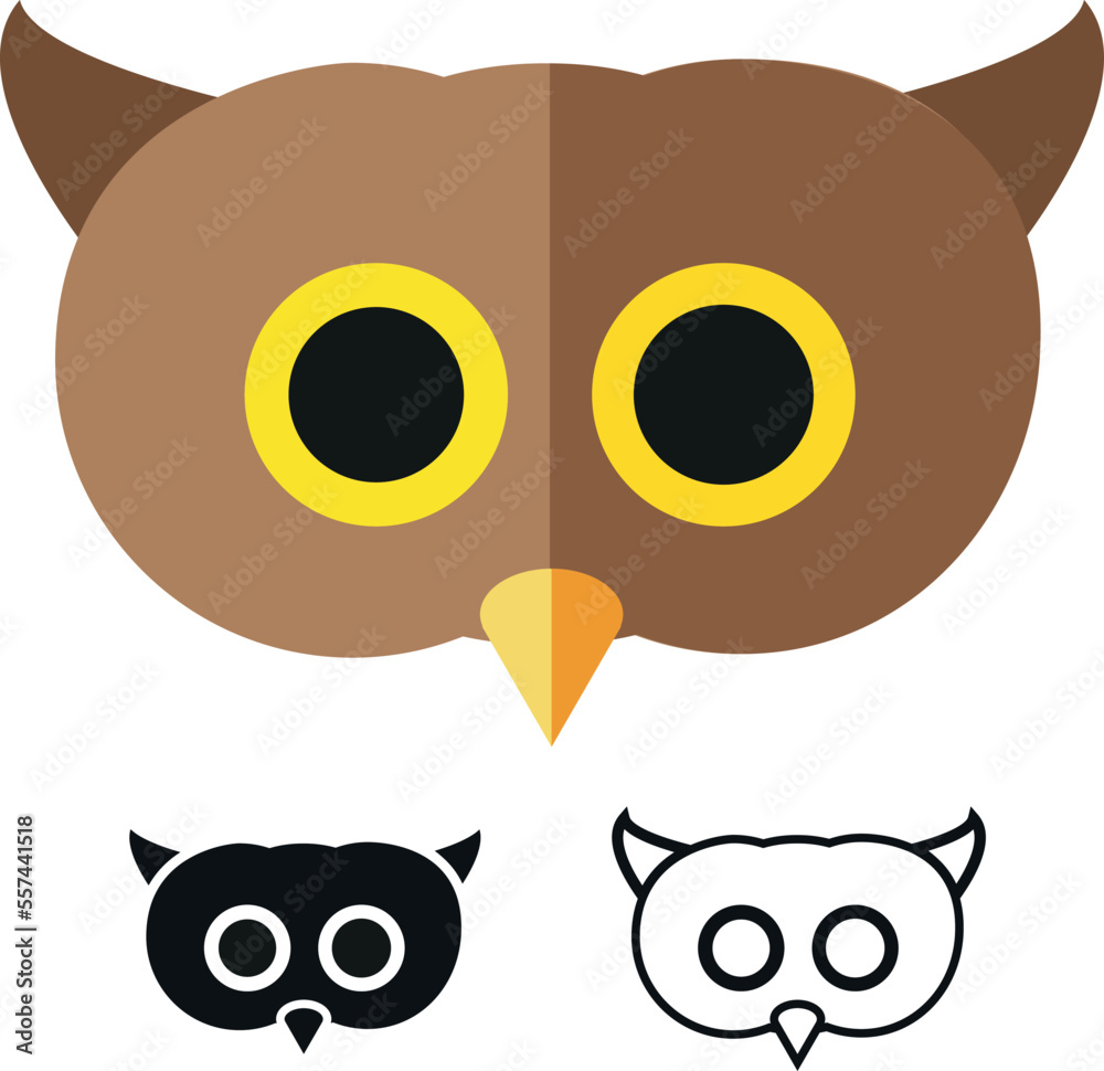 Owl head simple icons. Set of colored and monochrome icons. Animals. Simple flat design. Vector art
