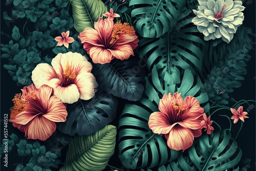 Wallpaper Mural a painting of flowers and leaves on a black background with a green background and a white and pink flower. Torontodigital.ca