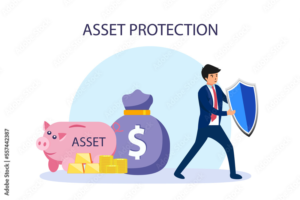 Asset protection concept. Businessman using a shield to protect a piggybank and money bag