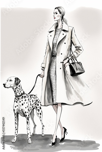 Women Walking in a Street with Dog, Haute Couture Fashion Illustration, Generative AI