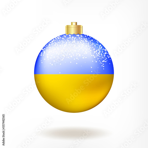 Christmas ball or bauble with ukrainian flag. Holiday vector illustration of traditional festive X-mas bauble. Merry Christmas and Happy New Year greeting card design element.