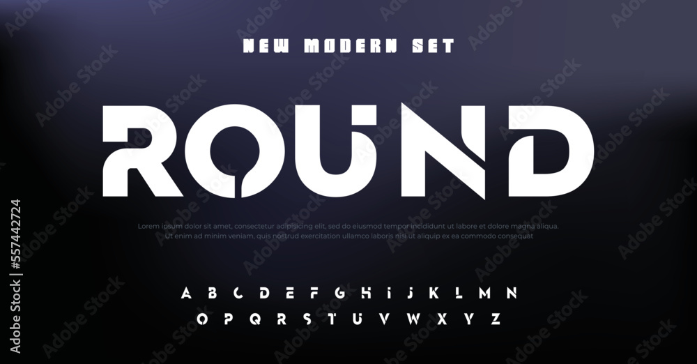 ROUND, Abstract technology science alphabet font. digital space typography vector illustration design - obrazy, fototapety, plakaty 