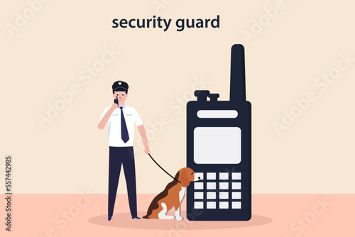 Security man with a dog and radio communication