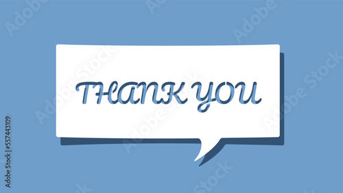 Thank you message on cutout white paper speech bubble on blue background