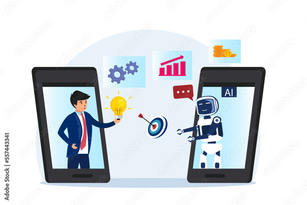 Businessman get a lightbulb idea or solution from virtual Artificial intelligence robot on mobile phone screen, flat design illustration Businessman get a lightbulb idea or solution from virtual Artificial intelligence robot on mobile phone screen, flat design illustration