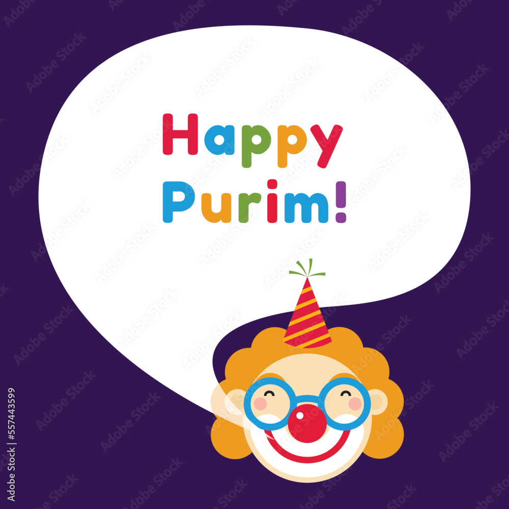 Happy Purim - a Jewish holiday. Colorful Clown with communication speech bubble. Vector illustration.