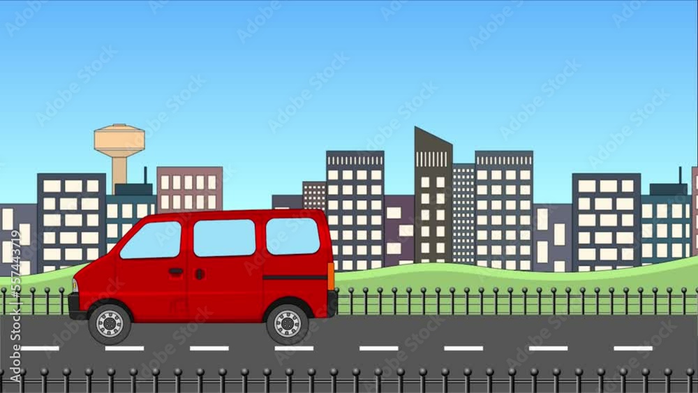 bright red color van car passing on urban building background. simple 2d car animation. bright red color van car passing on urban building background. simple 2d car animation.