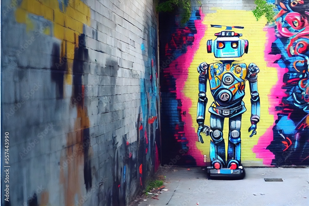 sadel Håndværker Måske Generative AI image of robot graffiti. Robotic street artist with  artificial intelligence made by AI to represent the war between anti-AI  artists and AI art directors. Stock-illustration | Adobe Stock