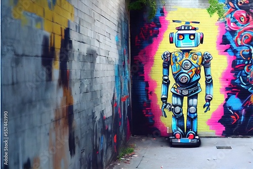 Generative AI image of robot graffiti. Robotic street artist with artificial intelligence made by AI to represent the war between anti-AI artists and AI art directors.  © Brian