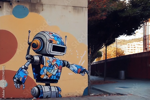 Generative AI image of robot graffiti. Robotic street artist with artificial intelligence made by AI to represent the war between anti-AI artists and AI art directors. 