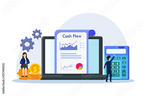 Cash flow business financial chart on the laptop computer screen with coins and calculator