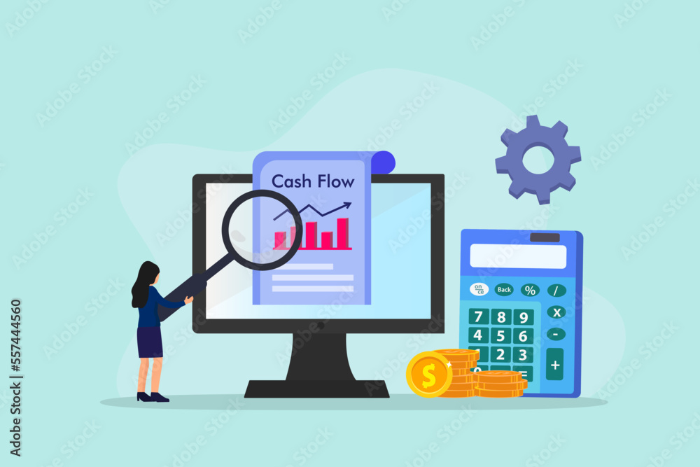 Business people with online cash flow report, horizontal flat design illustration concept