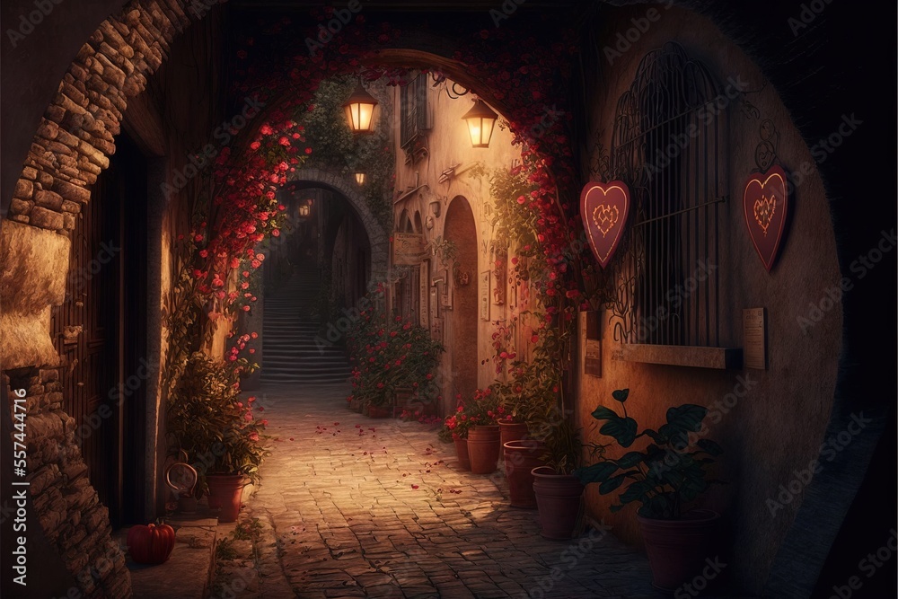 a painting of a narrow alley with flowers and potted plants on either side of the alleyway and a lantern light above the doorway.