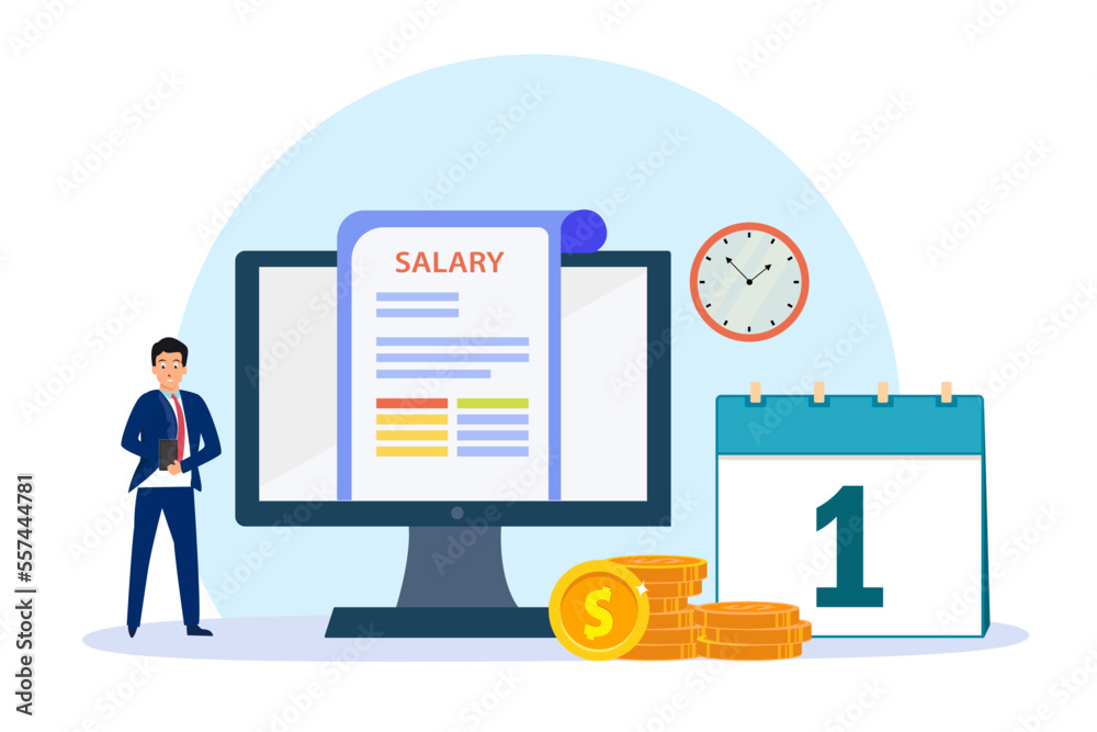 Salary payment document on computer screen with coins, calendar, and businessman. Horizontal flat design illustration