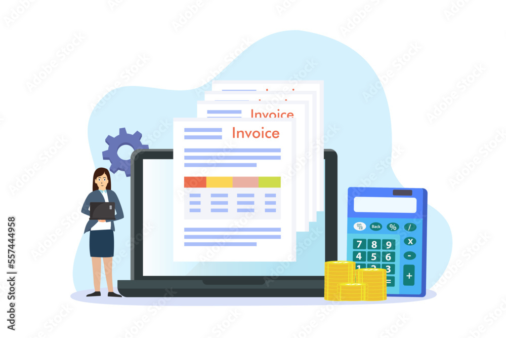 Invoice form on laptop computer with businesswoman, calculator, and coin