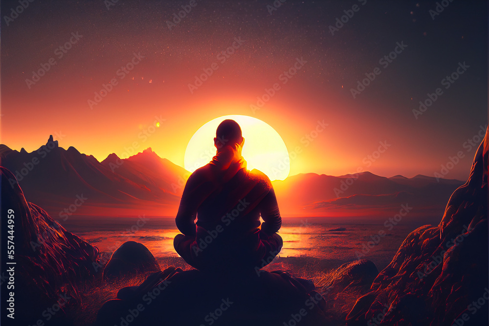 Man meditating, sunset, peace, light, empty mind, yoga, sunset