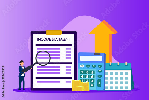 Income statement analysis with a businessman, calculator, and money