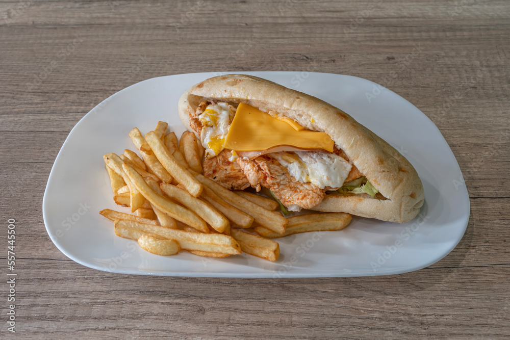 Paris, France - 12 07 2022: Middle East dishe culinary Still Life. Sandwich chicken, egg and cheese with french fries